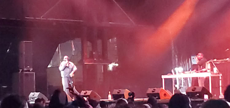 A performer on stage with a microphone, accompanied by a DJ at a turntable, under red and purple stage lighting, with an audience in the foreground.